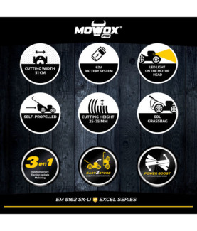 MoWox | 62V Excel Series Cordless Lawnmower | EM 5162 SX-Li | Mowing Area 900 m | 4000 mAh | Battery and Charger included