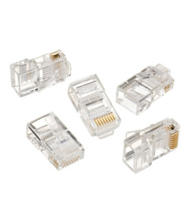 Modular plug 8P8C for solid LAN cable CAT5, UTP, 10 pcs. per bag | Modular 8P8C RJ45 plug, 30u gold plated, 3-fork internal con