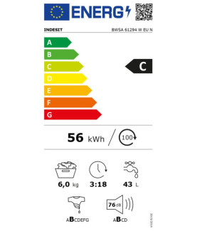 INDESIT | Washing machine | BWSA 61294 W EU N | Energy efficiency class C | Front loading | Washing capacity 6 kg | 1151 RPM | 