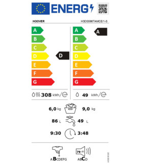 Hoover | Washing Machine | H3DS596TAMCE/1-S | Energy efficiency class A | Front loading | Washing capacity 9 kg | 1500 RPM | De