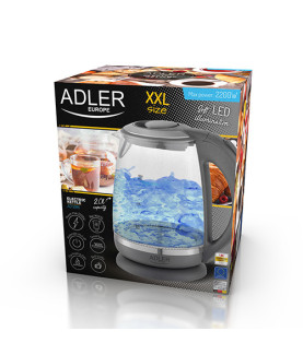 Adler | Kettle | AD 1286 | Standard | 2200 W | 2 L | Plastic/Glass | 360 rotational base | Grey/ transparent