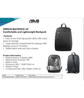 Asus | NEREUS | Fits up to size 16 " | Backpack | Black