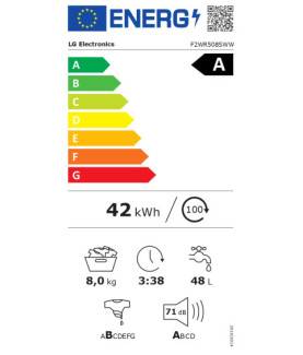 LG | Washing machine | F2WR508SWW | Energy efficiency class A-10% | Front loading | Washing capacity 8 kg | 1200 RPM | Depth 47