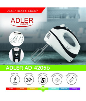 Adler | Mixer | AD 4205 b | Hand Mixer | 300 W | Number of speeds 5 | Turbo mode | White/Black