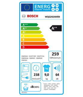 Bosch | Dryer Machine | WQG242AMSN Series 6 | Energy efficiency class A++ | Front loading | 9 kg | Sensitive dry | LED | Depth 