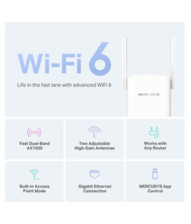 Mercusys AX1500 Wi-Fi 6 Range Extender | ME60X | 802.11ax | 1201 Mbit/s | Ethernet LAN (RJ-45) ports 1 | MU-MiMO No | no PoE | 