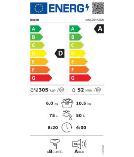 Bosch | Washing Machine with Dryer | WNC254A0SN | Energy efficiency class D | Front loading | Washing capacity 10.5 kg | 1400 R