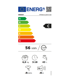 INDESIT | Washing Machine | MTWSA 61294 W EE | Energy efficiency class C | Front loading | Washing capacity 6 kg | 1200 RPM | D