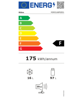 Midea Refrigerator | MDRD168FGE01 | Energy efficiency class E | Free standing | Larder | Height 84.5 cm | Fridge net capacity 9