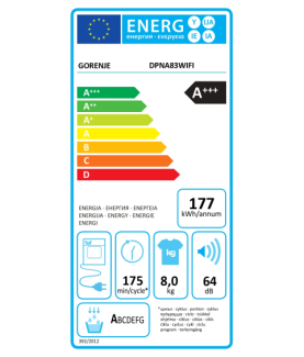 Gorenje Dryer Machine | DPNA83WIFI | Energy efficiency class A+++ | Front loading | 8 kg | LED | Depth 62.5 cm | Wi-Fi | White