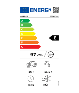 Dishwasher | GS643E90X | Free standing | Width 59.9 cm | Number of place settings 16 | Number of programs 6 | Energy efficiency