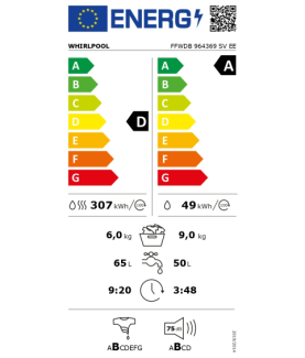 Whirlpool Washing machine with Dryer | FFWDB 964369 SV EE | Energy efficiency class A/D | Front loading | Washing capacity 9 kg