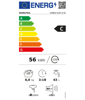 Whirlpool Washing machine | WRBSS 6249 W EU | Energy efficiency class C | Front loading | Washing capacity 6 kg | 1200 RPM | De