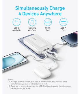 Anker | Power Bank | A1680H21 | 10000 mAh | USB-C 30W, Lightning 27W | Built-In USB-C and Lightning Cables | White