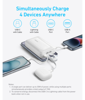 Anker | Power Bank | A1681H21 | 20000 mAh | USB-C 30W, Lightning 27W | Built-In USB-C and Lightning Cables | White