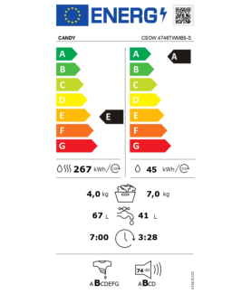 Candy Washing Machine with Dryer | CSOW 4746TWMB5-S | Energy efficiency class A/E | Front loading | Washing capacity 7 kg | 140