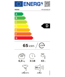 Midea Washing Machine | MF100W60/W | Energy efficiency class D | Front loading | Washing capacity 6 kg | 1000 RPM | Depth 40 cm