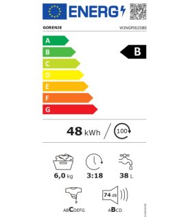 Gorenje Washing Machine | W3NGPI62SBS | Energy efficiency class B | Front loading | Washing capacity 6 kg | 1200 RPM | Depth 47